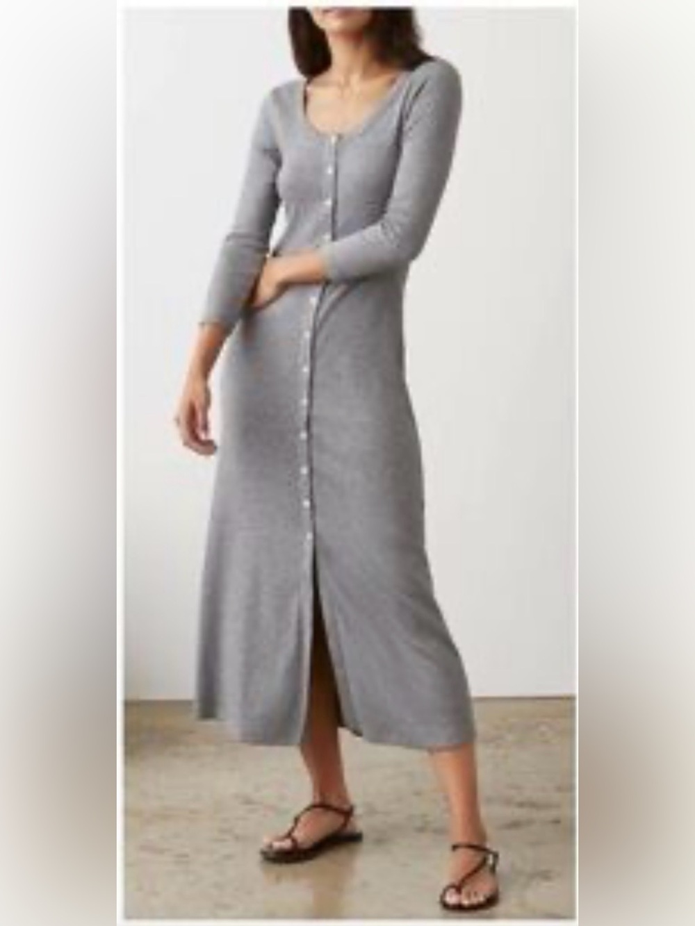AYR Gray Ribbed Button-Front Long Sleeve Midi Dress